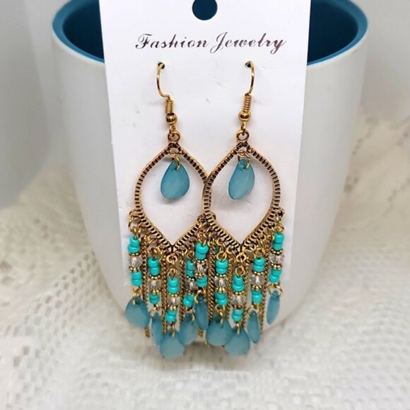 Hollow Leaf Beaded Dangling Earrings Faux Blue Stones Gold Tone 3.9" Drop New - Picture 5 of 15
